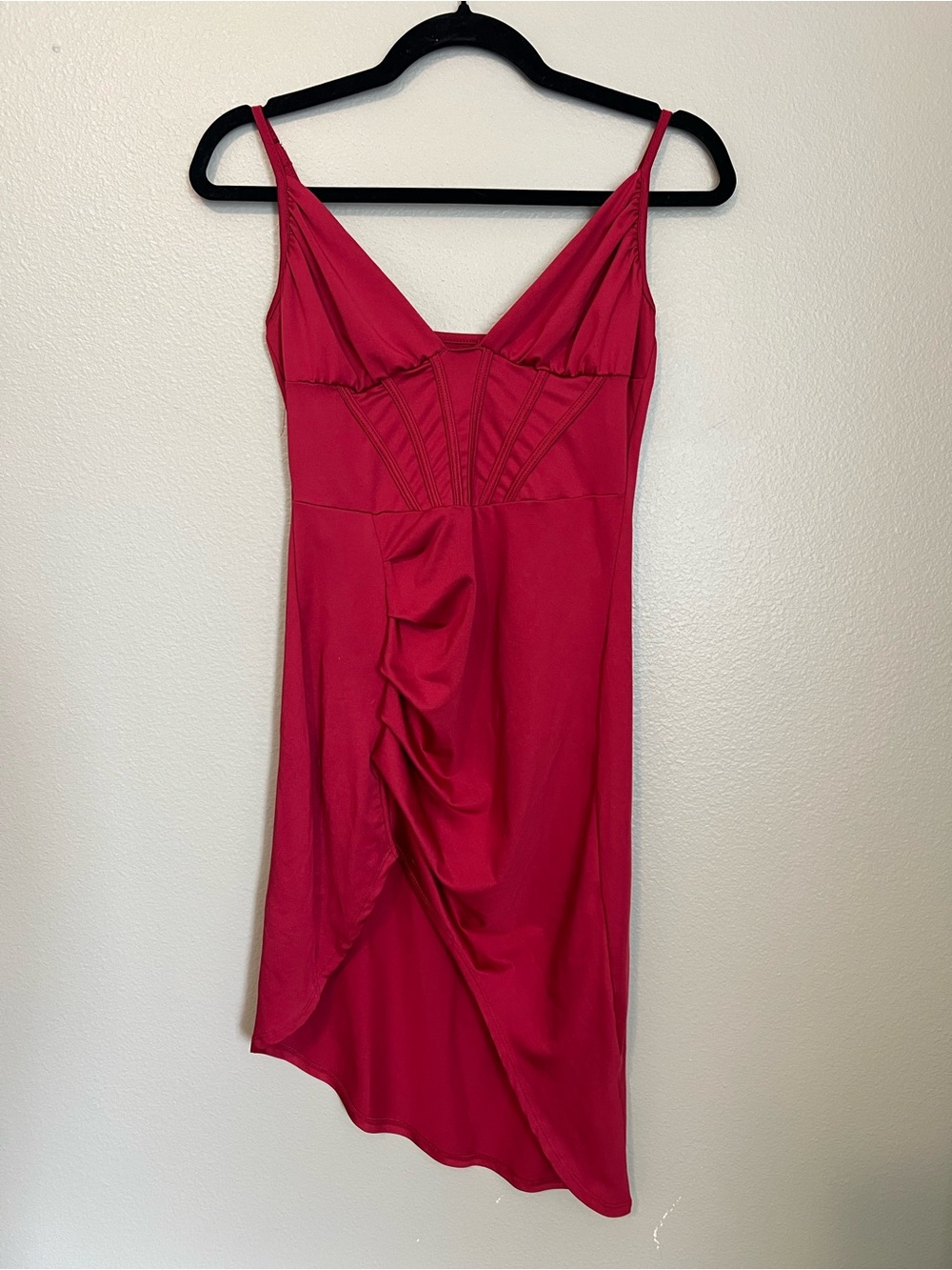 SHEIN Red Ruched V-Neck Slip Dress
